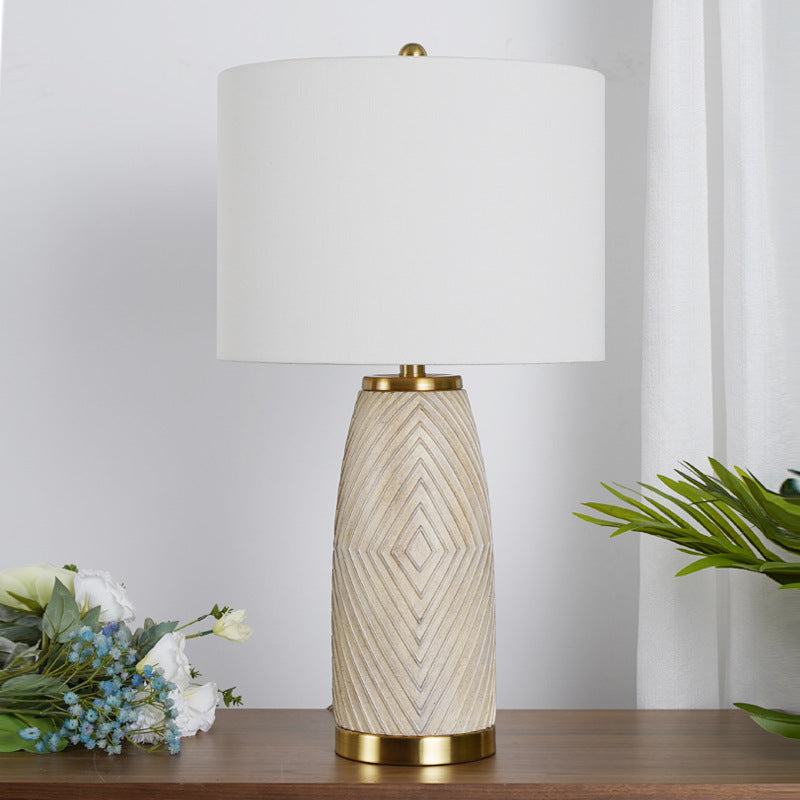 Modern Luxury Fabric Drum Resin Hardware Column 1-Light Table Lamp for Bedroom