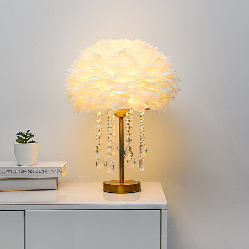 Modern Minimalist Feather Round Crystal Beads 1-Light Table Lamp For Bedroom