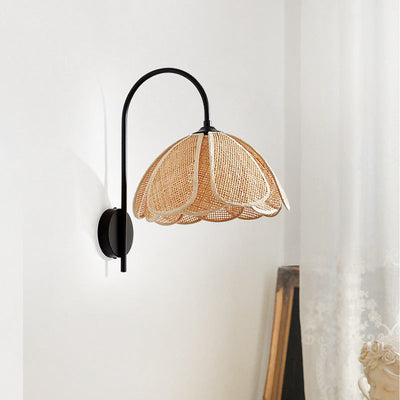 Contemporary Boho Rattan Weaving Petal Shade 1-Light Wall Sconce Lamp For Bedroom