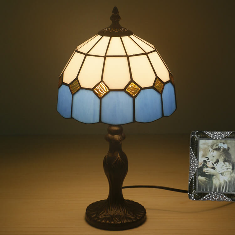 Vintage Tiffany Gemstone Stained Glass Round 1-Light Table Lamp