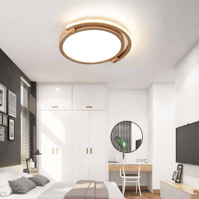 Simple Japanese Wood Log Round Acrylic LED Flush Mount Ceiling Light