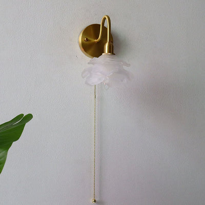 Japanese Minimalist Floral Frosted Glass 1-Light Pull Cord Wall Sconce Lamp