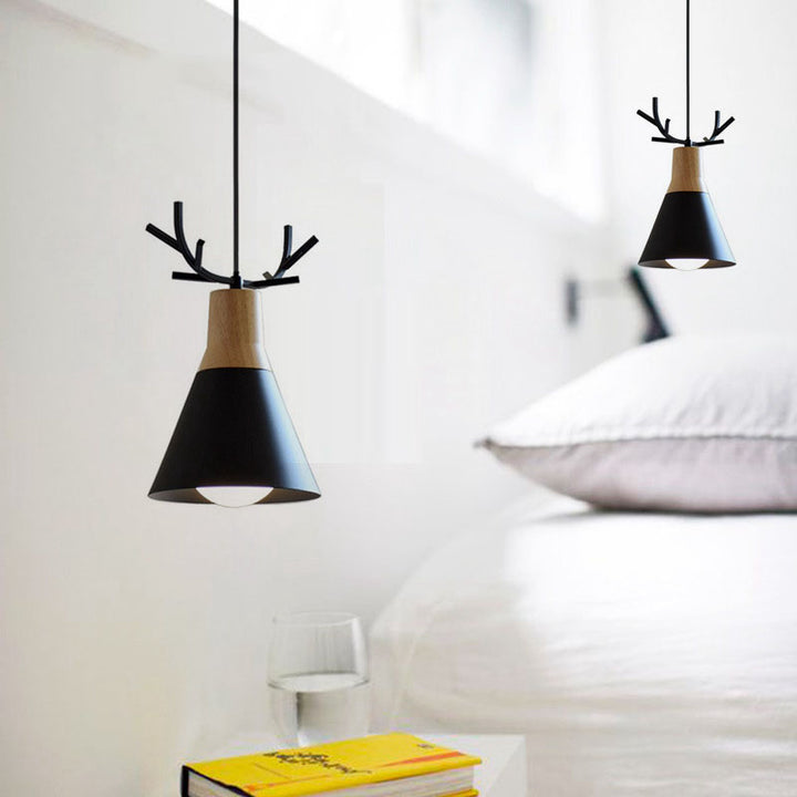 Modern Minimalist Antler Wood Iron Cone 1-Light Pendant Light For Living Room