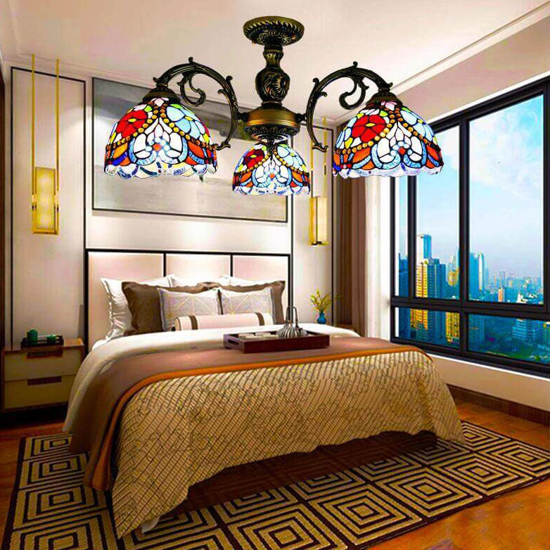 Traditionelle europäische Tiffany Eisen Buntglas 3/5/6-Licht Halbbündige Montage Licht 