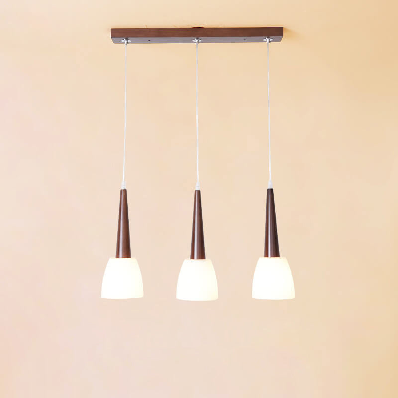 Modern Chinese Walnut Glass Shade 3-Light Chandelier