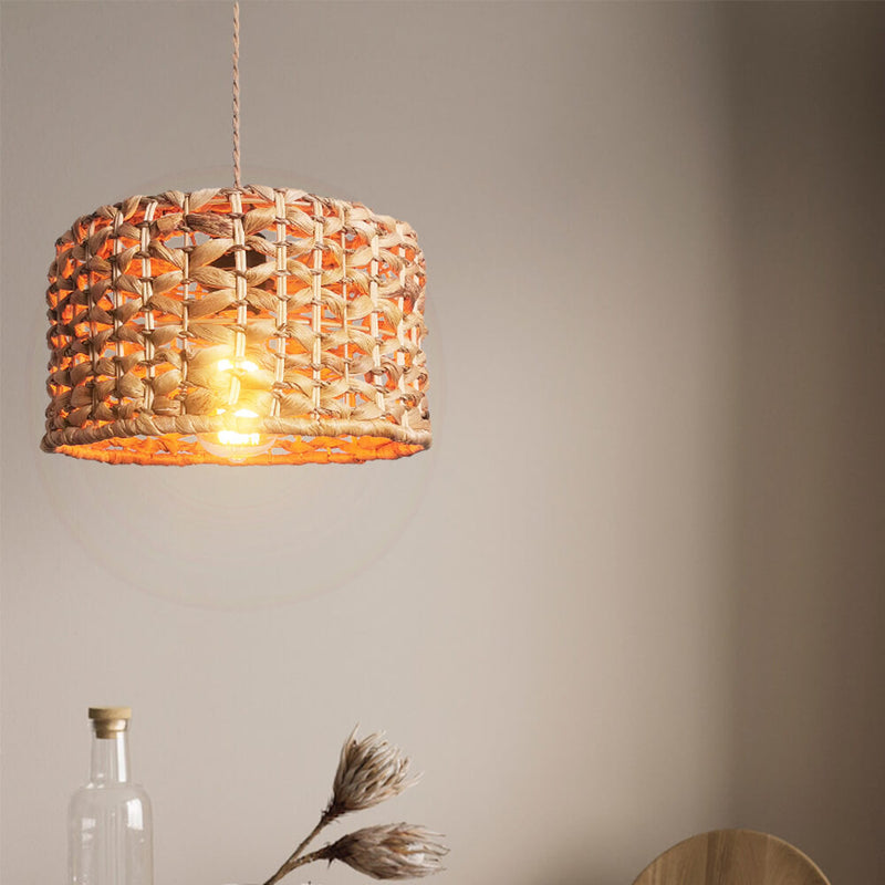 Modern Chinese Rattan Straw Rope Woven Drum 1-Light Pendant