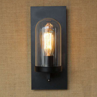 Retro Minimalist Glass Column Square Iron Plate 1-Light Wall Sconce Lamp