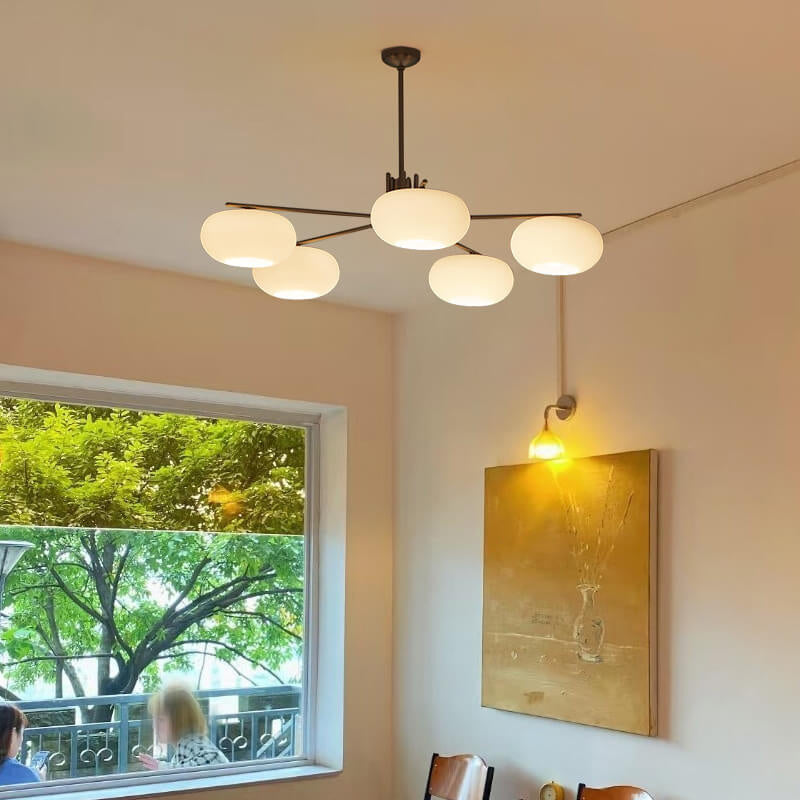 French Minimalist White Dome Glass Shade  5-Light Chandelier