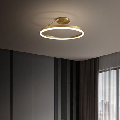 Modern Simplicity Full Copper Geometric Circle LED Semi-Flush Mount Ceiling Light For Living Room