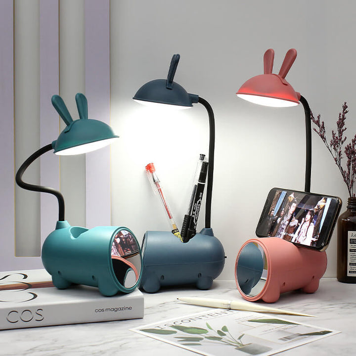 Lampe de bureau LED tactile USB avec porte-stylo et lapin créatif de dessin animé 