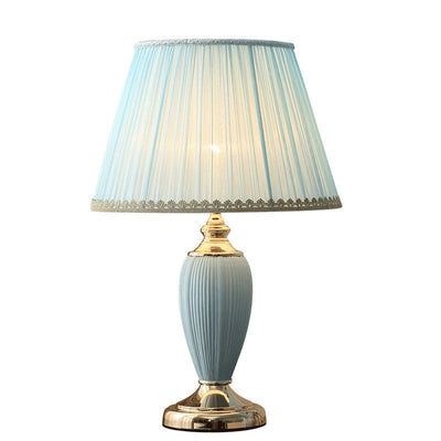 Traditional European Pleated Fabric Shade Ceramic Column Base 1-Light Table Lamp For Study