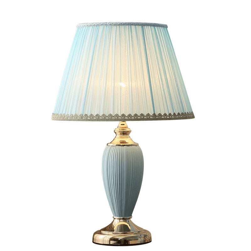 Traditional European Pleated Fabric Shade Ceramic Column Base 1-Light Table Lamp For Study