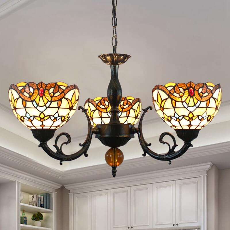 Vintage Tiffany Baroque Stained Glass 3-Light Chandelier