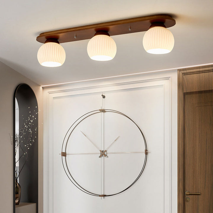 Traditional Japanese Striped Glass Wood Long Plate 2/3 Light Flush Mount Ceiling Light