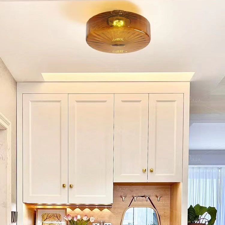 Traditional Vintage Round Ripple Glass LED Flush Mount Ceiling Light For Living Room