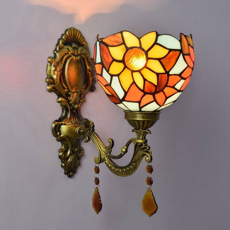 Vintage Tiffany Sunflower Stained Glass 1-Light Wall Sconce Lamp