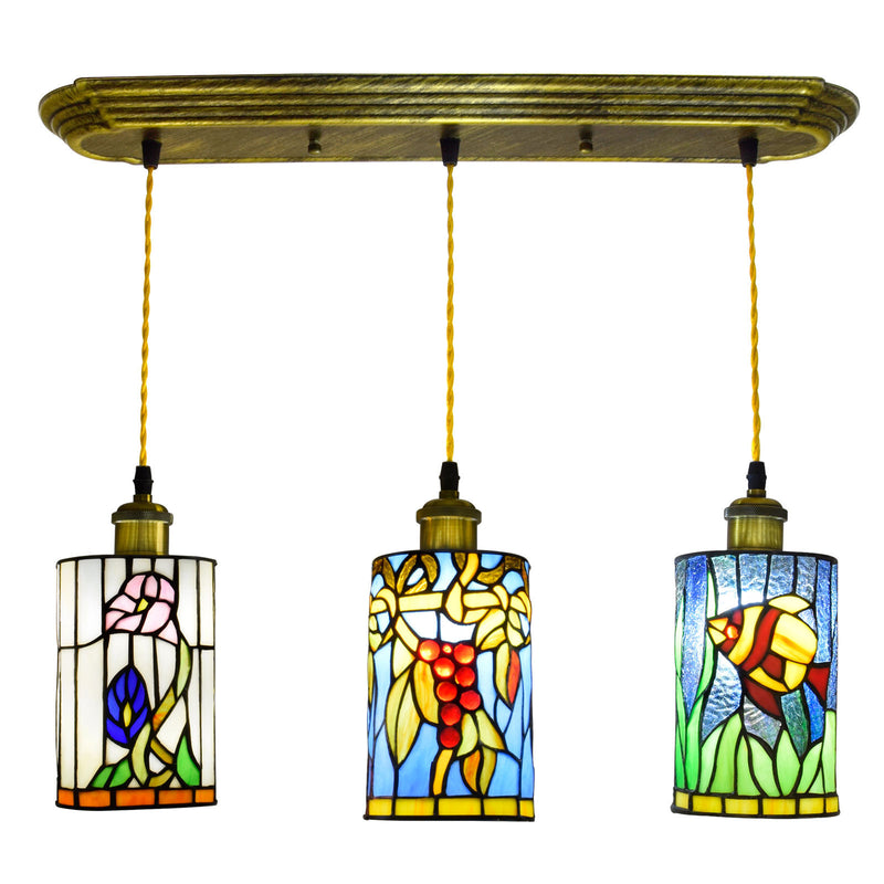 European Tiffany Rustic Stained Glass Column 3-Light Island Light Chandelier