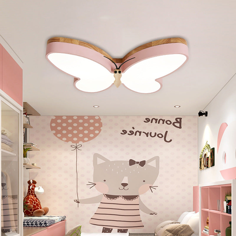 Contemporary Creative Butterfly Rubberwood Metal Acrylic LED Flush Mount Ceiling Light For Bedroom