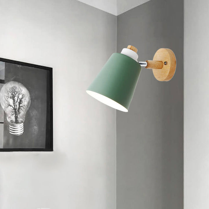 Applique murale 1 lumière avec abat-jour en forme de baril macaron minimaliste et châssis en bois 