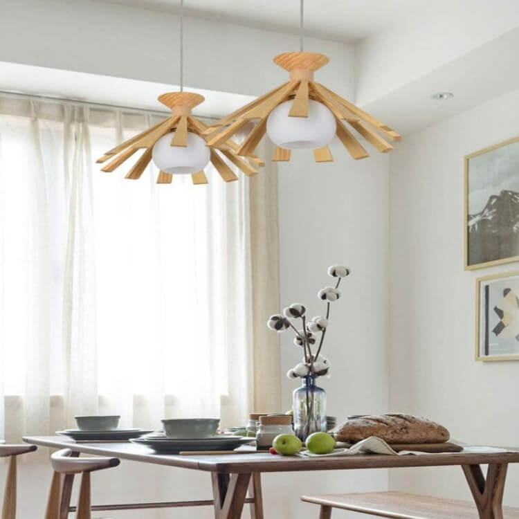 Traditional Japanese Round Wood 1-Light Pendant Light For Bedroom