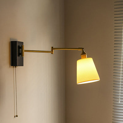 Japanese Vintage Walnut Retractable 1-Light Wall Sconce Lamp