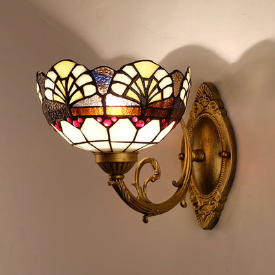 Vintage Tiffany gefärbte florale Glaskuppel 1-Licht Wandleuchte Lampe 