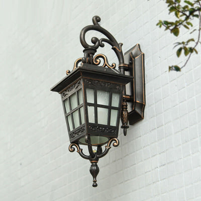 European Outdoor Square Lantern Carved 1-Light Waterproof Wall Sconce Lamp