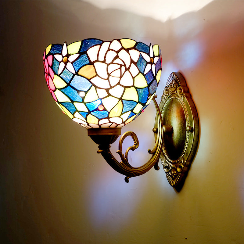 European Vintage Tiffany Rose Stained Glass 1-Light Wall Sconce Lamp