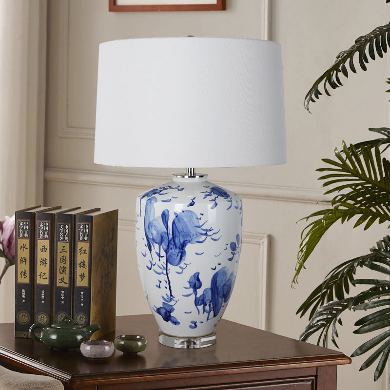 Modern Chinese Celadon Vase Fabric Drum 1-Light Table Lamp