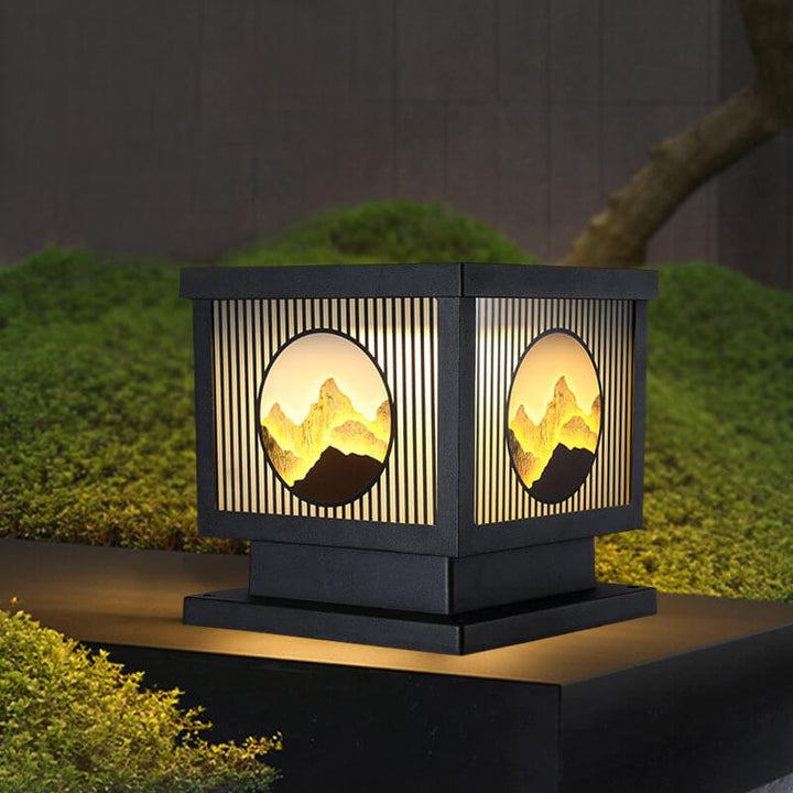Traditionelle chinesische wasserdichte LED-Garten- und Landschaftsleuchte für den Außenbereich mit quadratischem Aufsatz aus Aluminium und gehärtetem Glas 