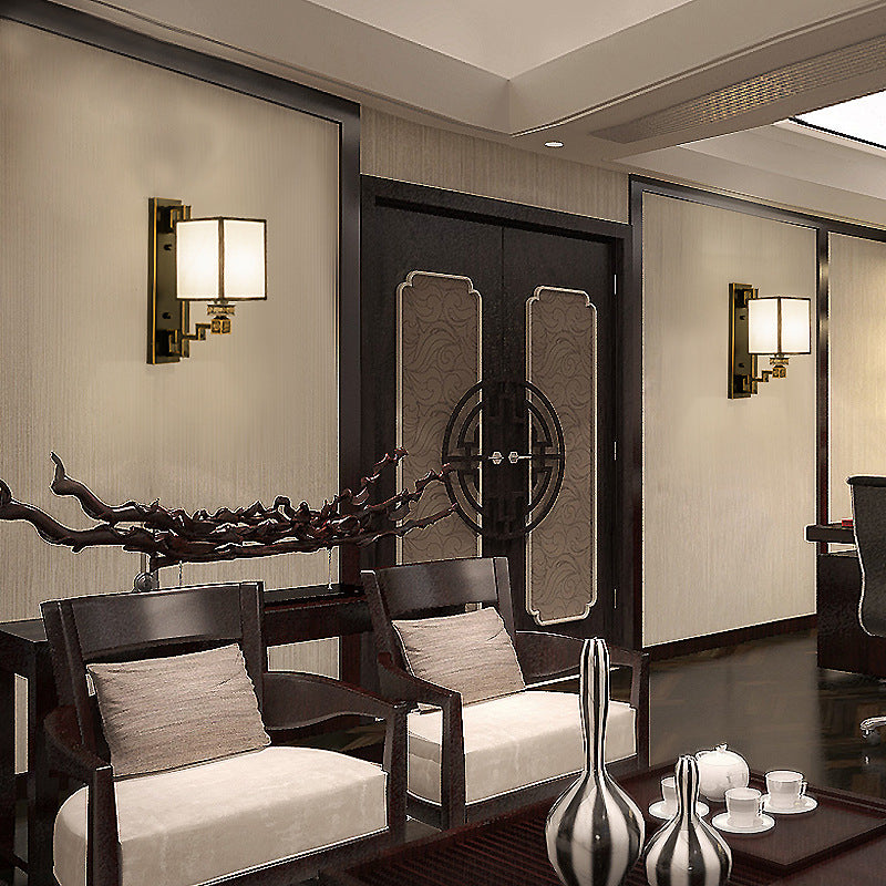 Aplique de pared cuadrado de 1 luz de hierro, cobre y tela de estilo chino tradicional para salón y dormitorio 
