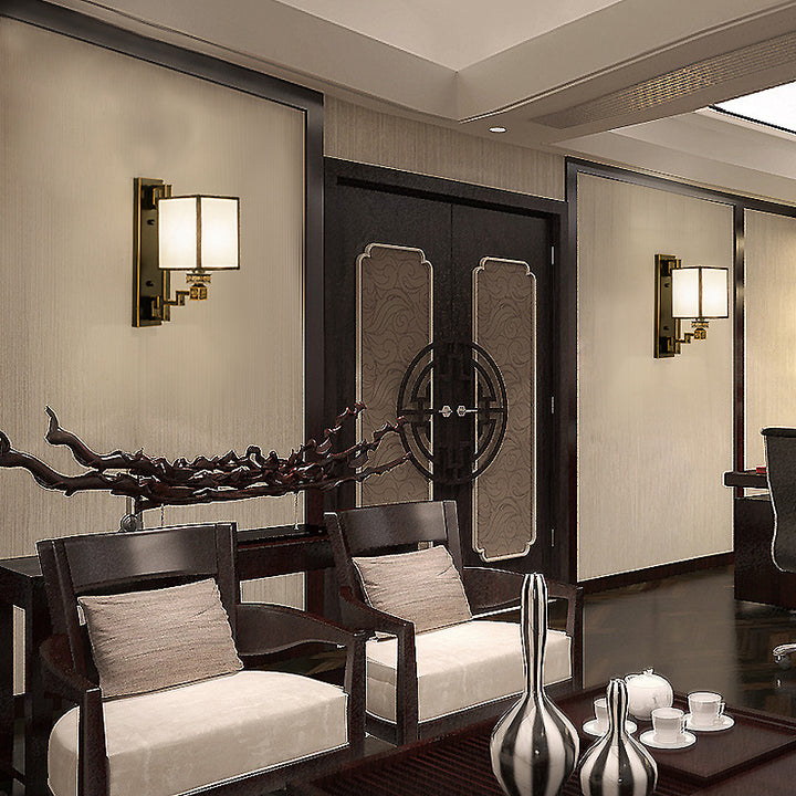 Aplique de pared cuadrado de 1 luz de hierro, cobre y tela de estilo chino tradicional para salón y dormitorio 