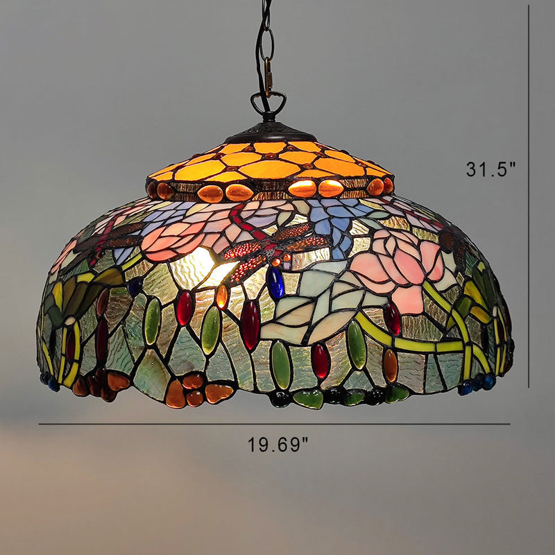 European Style Tiffany Dome Stained Glass Dragonfly Flower 2-Light Chandelier