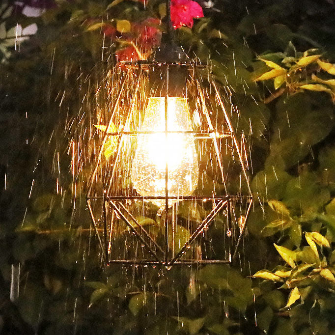Lámpara colgante LED solar de exterior para patio, con diseño moderno minimalista de jaula geométrica en acero inoxidable y ABS 