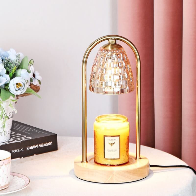 Lampe de table à cire fondue à 2 lumières avec abat-jour en verre de luxe moderne et base en bois 