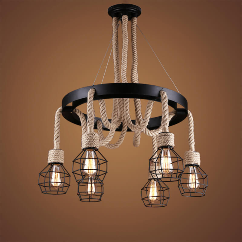 Industrial Vintage Twine Wrought Iron Lampshade 6-Light Chandelier