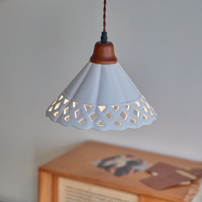 Japanese Minimalist Funnel-Shaped Hollow Ceramic 1-Light Pendant Light