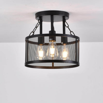 Industrial Vintage Round Grid Iron 3-Light Semi-Flush Mount Ceiling Light