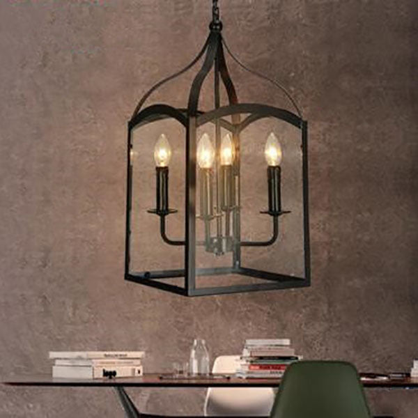 Lámpara de araña contemporánea industrial de 4 luces con jaula cuadrada de hierro y vidrio para salón 