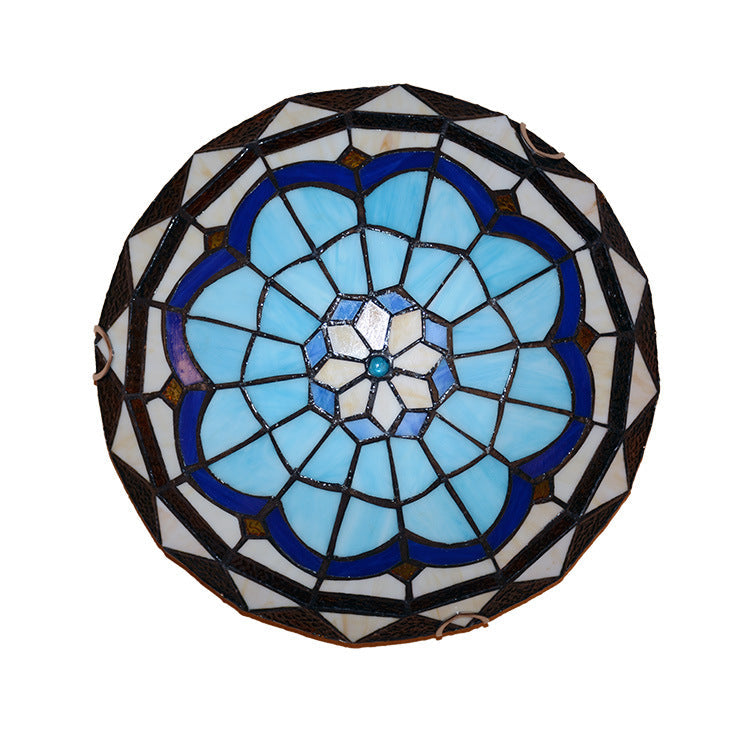 Tiffany Mediterranean Blue Stained Glass Round 2/3/4 Light Flush Mount Ceiling Light