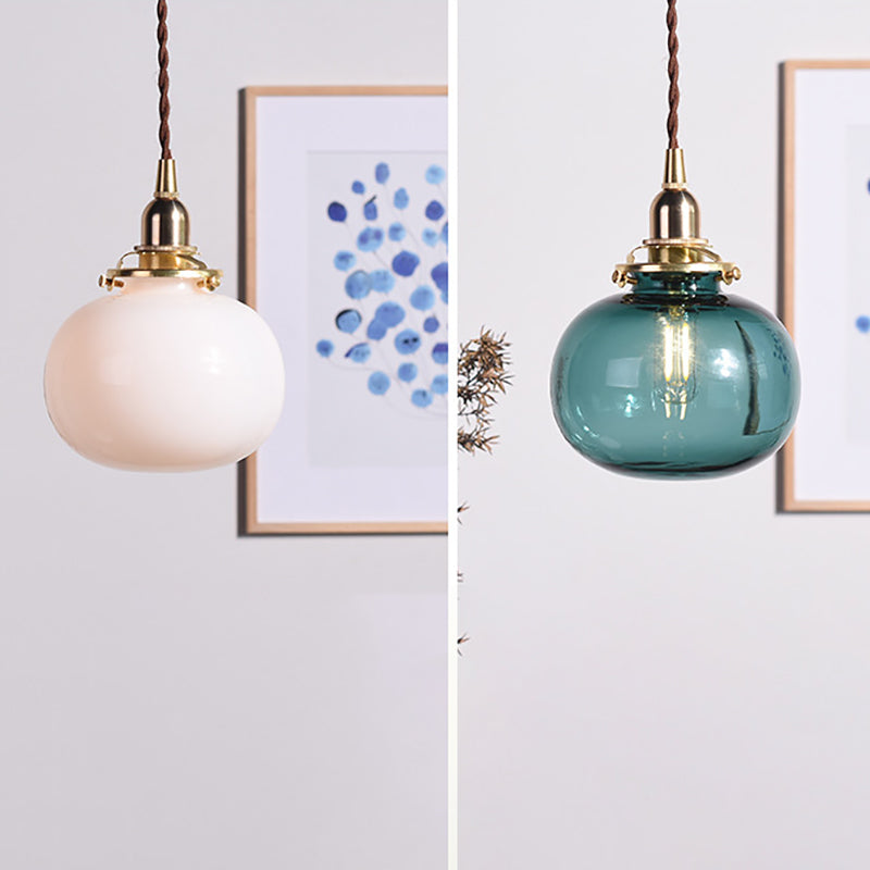 Traditionelle japanische Messingglas-Kürbisschirm-Pendelleuchte mit 1 Licht für Wohnzimmer 