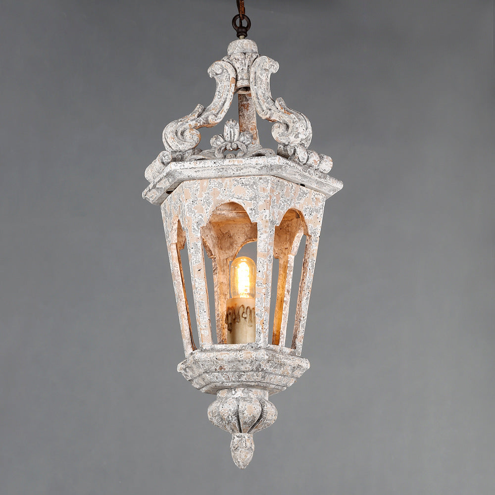 Traditional Vintage Solid Wood Resin Iron Carved Hexagonal Cage 1-Light Pendant Light For Living Room &amp; Bedroom