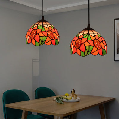 European Tiffany Sunflower Dome Stained Glass 1-Light Pendant Light