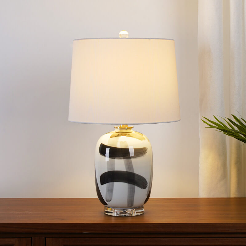 Vintage American Dome Fabric Shade Ink Ceramic Base 1-Light Table Lamp