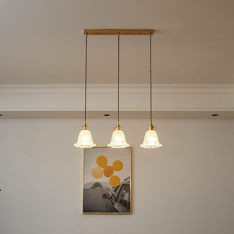 Contemporary Nordic Textured Copper Glass Flowers 1/3 Light Island Light Chandelier For Living Room