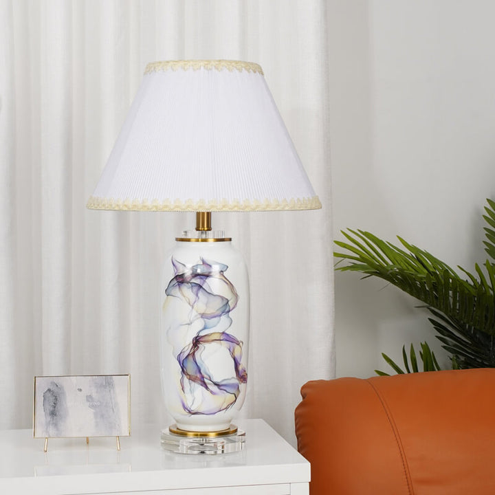 Traditional Chinese Ink Crystal Ceramic Pleated Fabric Column Round 1-Light Table Lamp for Living Room