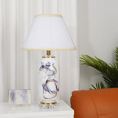 Modern Chinese Ink Ceramic Column Pleated Fabric 1-Light Table Lamp