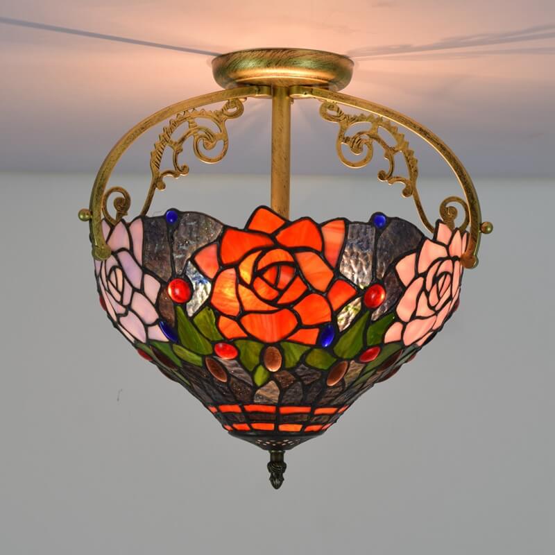 Tiffany European Stained Glass Rose Design 2-Light Semi-Flush Mount Light