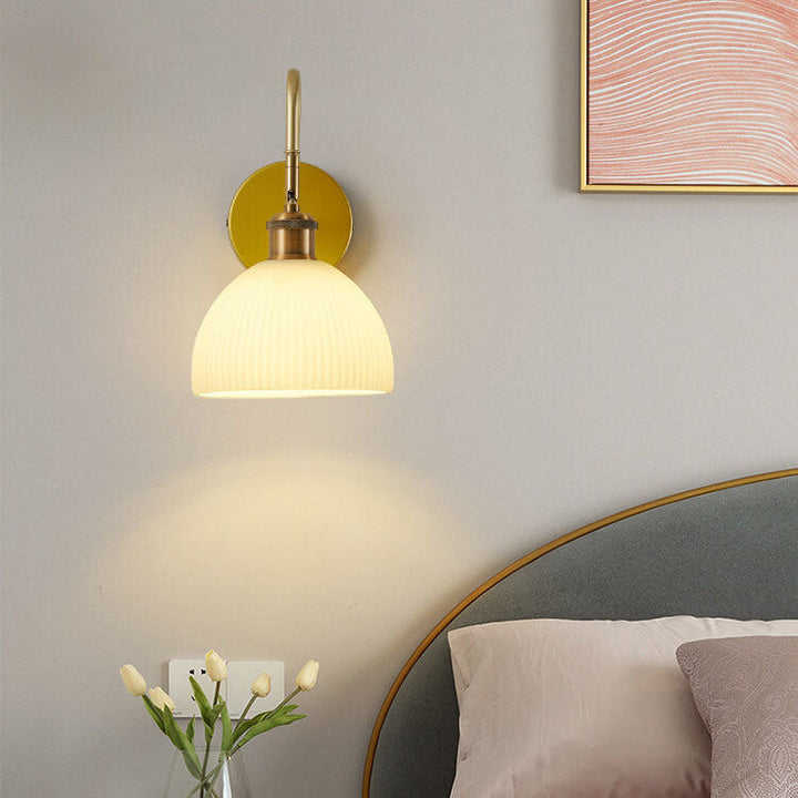 Nordic Striped Glass Dome Shade Curved Arm 1-Light Wall Sconce Lamp