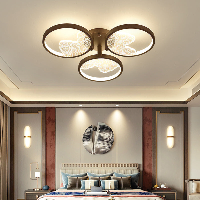 Traditional Chinese Zen Iron Round Frame Acrylic Flower Pattern LED Semi-Flush Mount Ceiling Light For Living Room